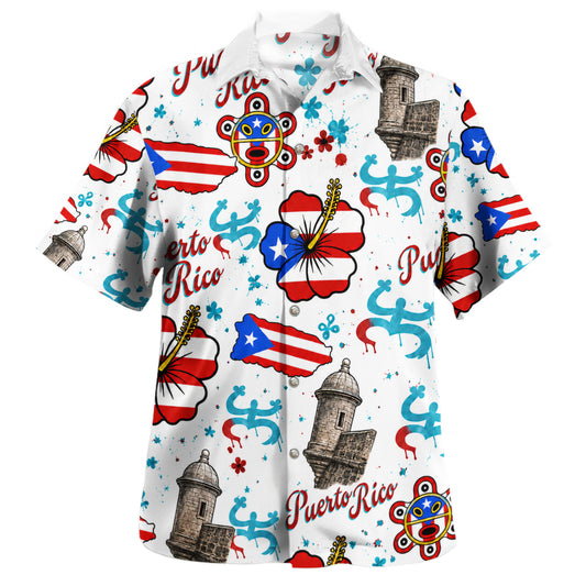 Puerto Rico Hawaiian Shirt Flag Hibiscus Taino Castle Pattern