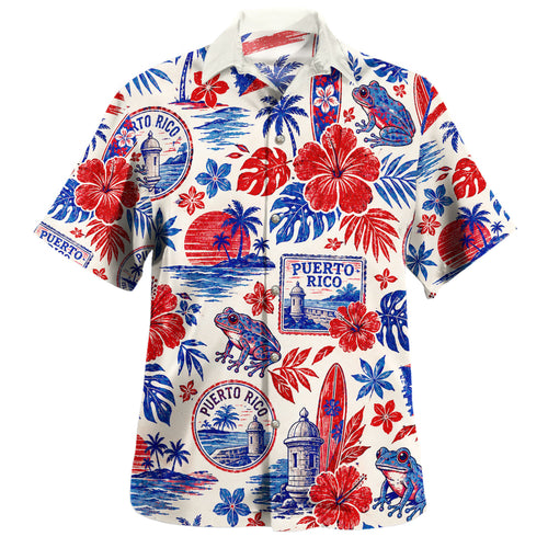 Puerto Rico Hawaiian Shirt Coqui Hibiscus Vintage Island Postcard