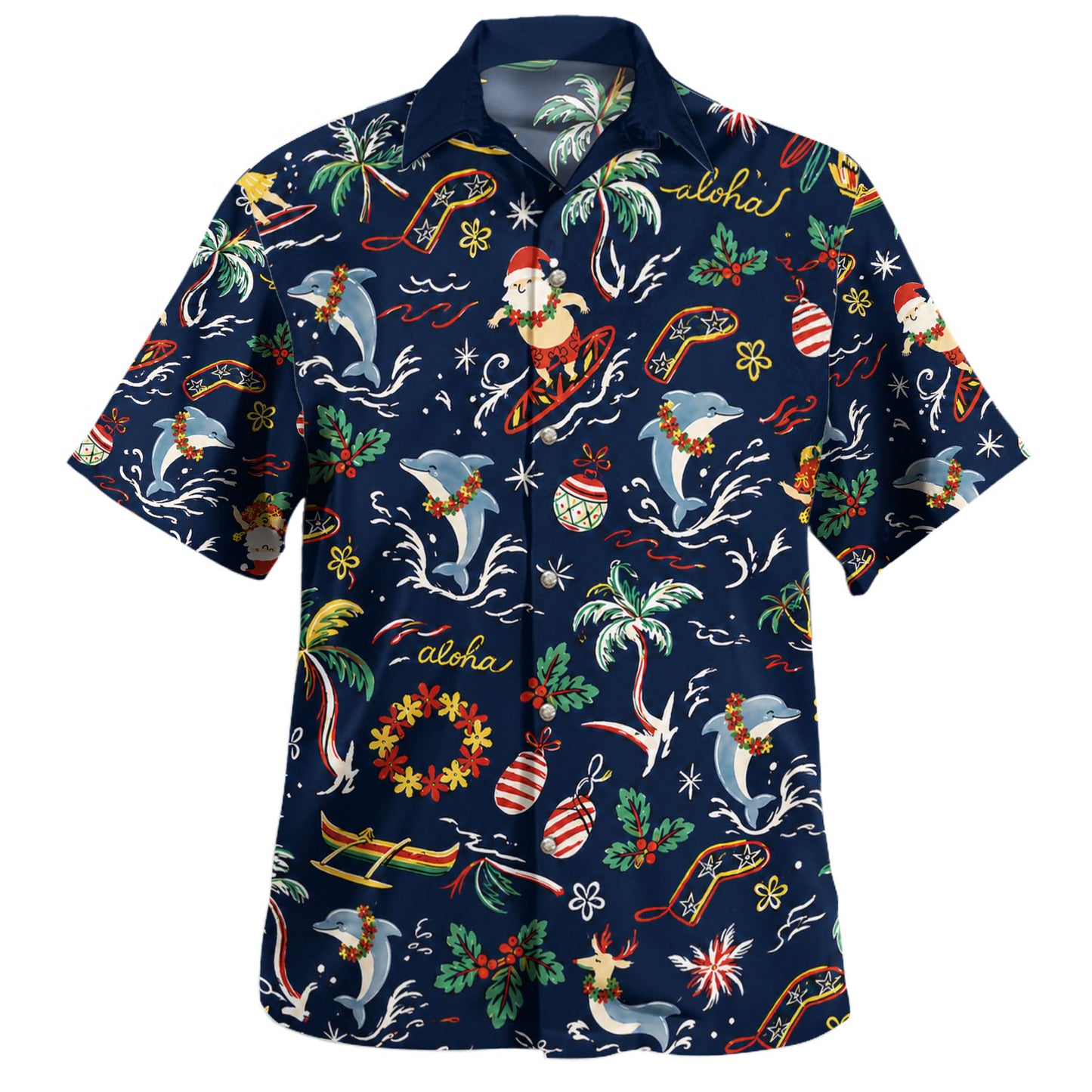 Hawaii Hawaiian Shirt Surfing Santa Dolphin Aloha Christmas
