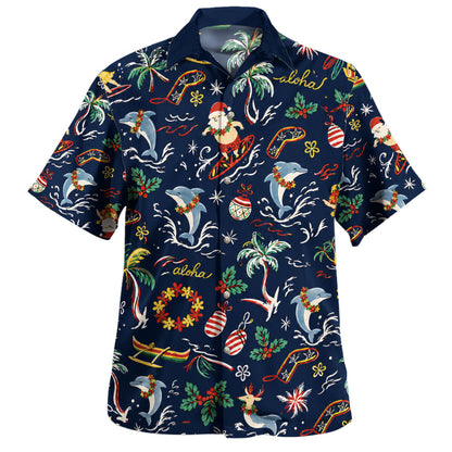 Hawaii Hawaiian Shirt Surfing Santa Dolphin Aloha Christmas