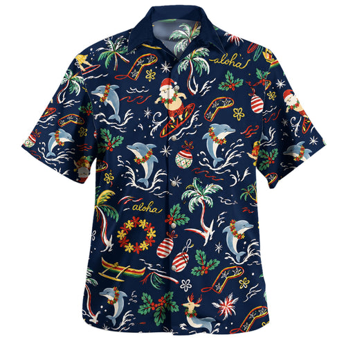 Hawaii Hawaiian Shirt Surfing Santa Dolphin Aloha Christmas