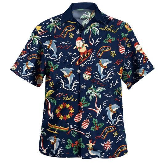 Hawaii Hawaiian Shirt Surfing Santa Dolphin Aloha Christmas