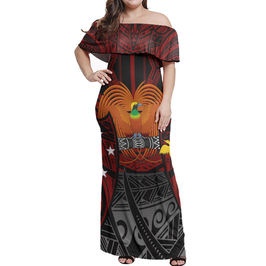 Papua New Guinea Map Patterns Flag Color Style Women Off Shoulder Long Dress
