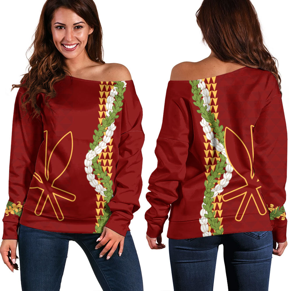 Hawaii Off Shoulder Sweatshirt Kanaka Maoli Puakenikeni Maile Flower Lei