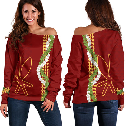 Hawaii Off Shoulder Sweatshirt Kanaka Maoli Puakenikeni Maile Flower Lei