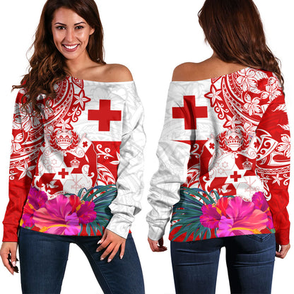 Tonga Off Shoulder Sweatshirt Flag Tribal Tropical Style