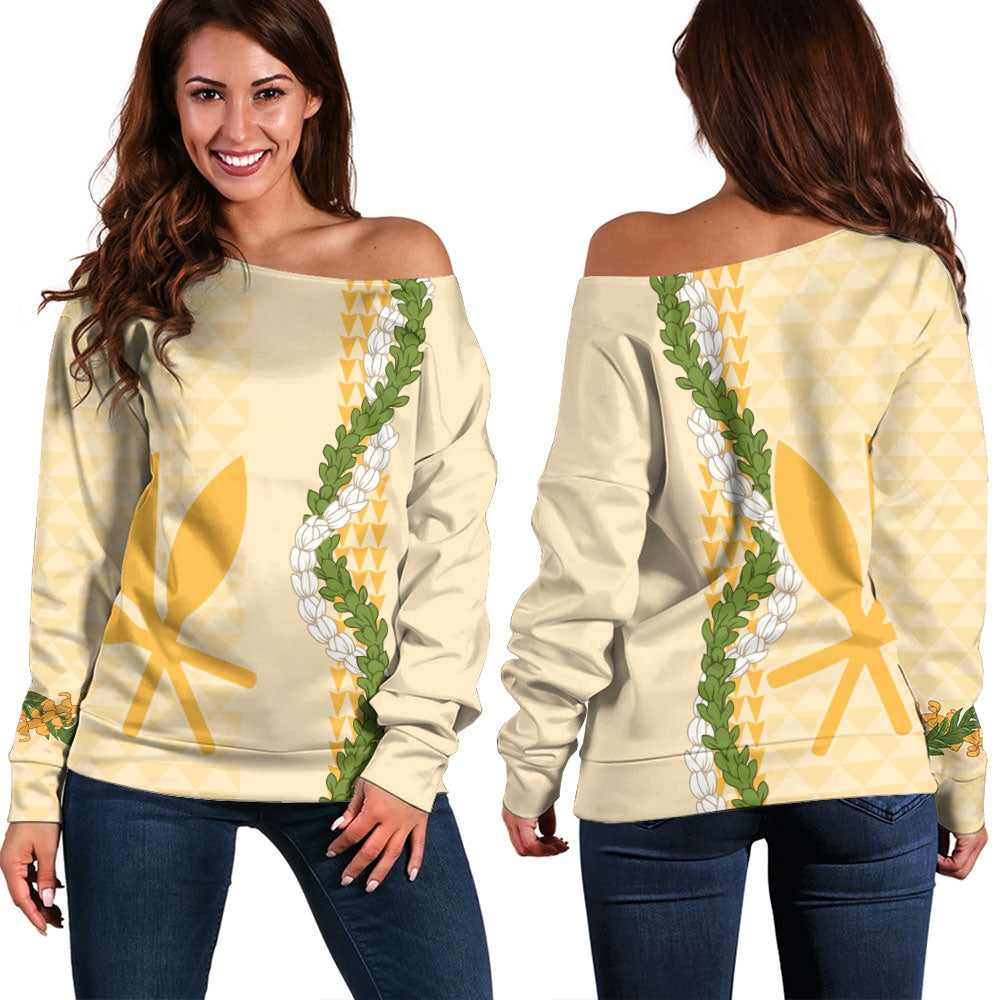 Hawaii Off Shoulder Sweatshirt Kanaka Maoli Puakenikeni Maile Flower Lei