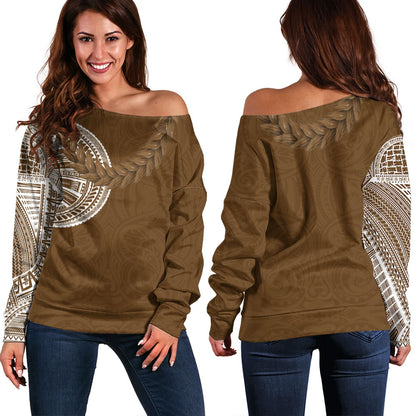 Samoa Off Shoulder Sweatshirt Tattoo Roman Reigns With Ula Fala Style Brown