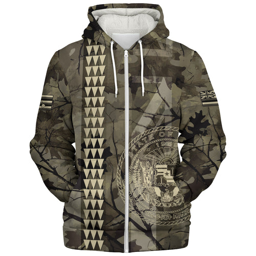 Hawaii Sherpa Hoodie Tribal Kakau Camouflage Green
