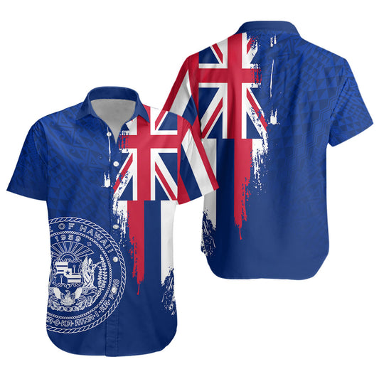 Hawaii Short Sleeve Shirt Flag Polynesian Style Ocean Blue