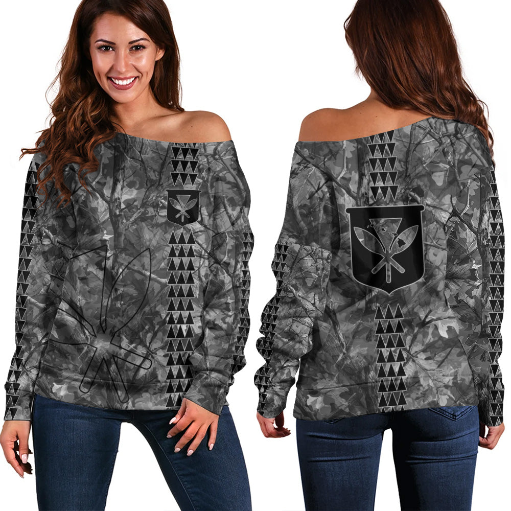 Hawaii Off Shoulder Sweatshirt Woodland Kanaka Camo Style