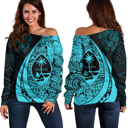 Guam Off Shoulder Sweatshirt Custom Hibiscus Flower Symbols Style