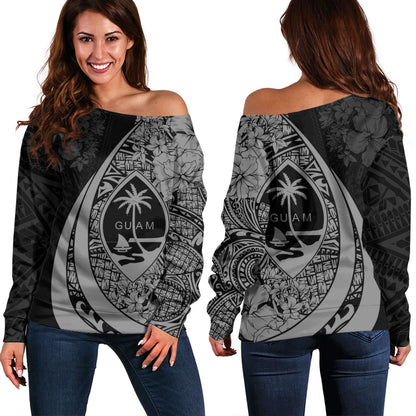 Guam Off Shoulder Sweatshirt Custom Hibiscus Flower Symbols Style