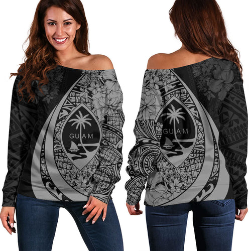 Guam Off Shoulder Sweatshirt Custom Hibiscus Flower Symbols Style