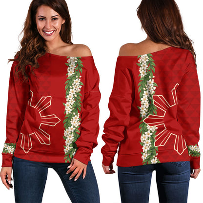 Philippines Filipinos Off Shoulder Sweatshirt Sampaguita Flower Sun Pattern Island Style