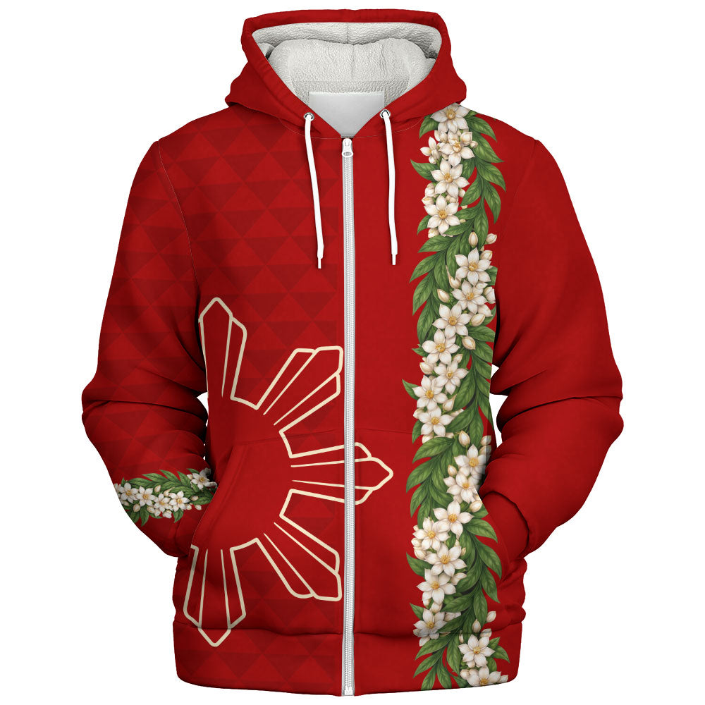 Philippines Filipinos Sherpa Hoodie Sampaguita Flower Sun Pattern Island Style