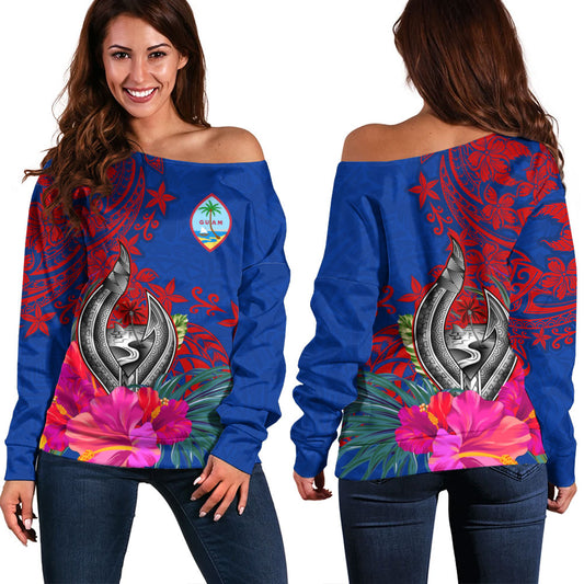 Guam Off Shoulder Sweatshirt Flag Tribal Tropical Style