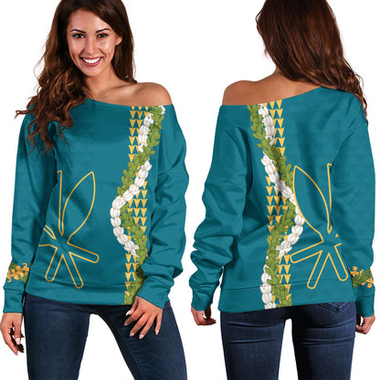 Hawaii Off Shoulder Sweatshirt Kanaka Maoli Puakenikeni Maile Flower Lei