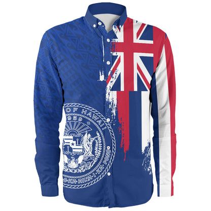Hawaii Long Sleeve Shirt Flag Polynesian Style Ocean Blue