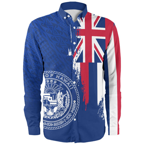 Hawaii Long Sleeve Shirt Flag Polynesian Style Ocean Blue