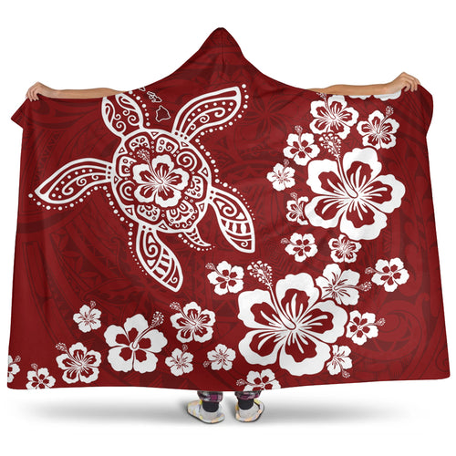 Hawaii Hooded Blanket Tribal Hibiscus Flower Graphic Turtle Tatoo
