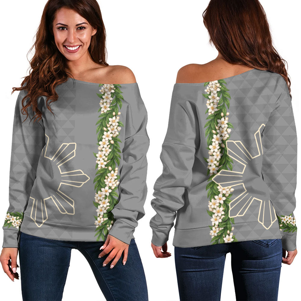 Philippines Filipinos Off Shoulder Sweatshirt Sampaguita Flower Sun Pattern Island Style