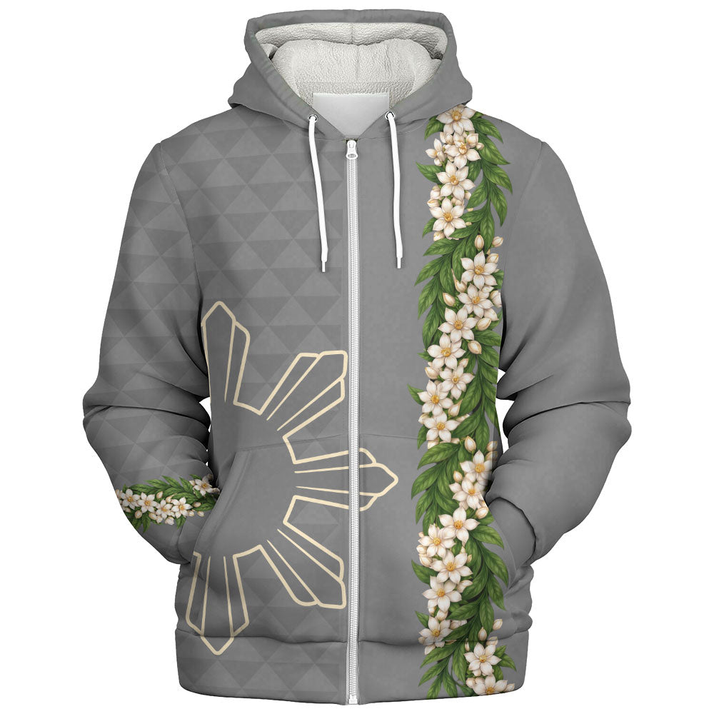 Philippines Filipinos Sherpa Hoodie Sampaguita Flower Sun Pattern Island Style