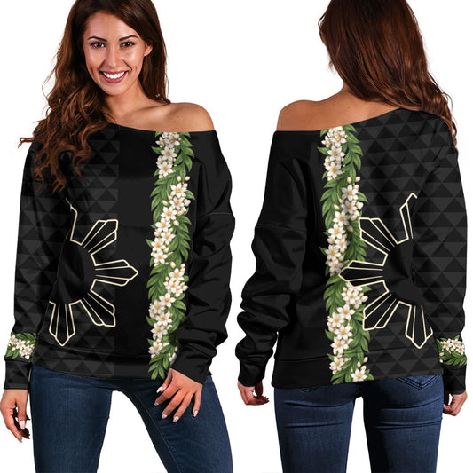 Philippines Filipinos Off Shoulder Sweatshirt Sampaguita Flower Sun Pattern Island Style