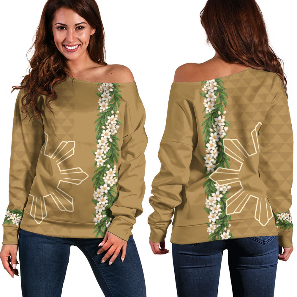 Philippines Filipinos Off Shoulder Sweatshirt Sampaguita Flower Sun Pattern Island Style