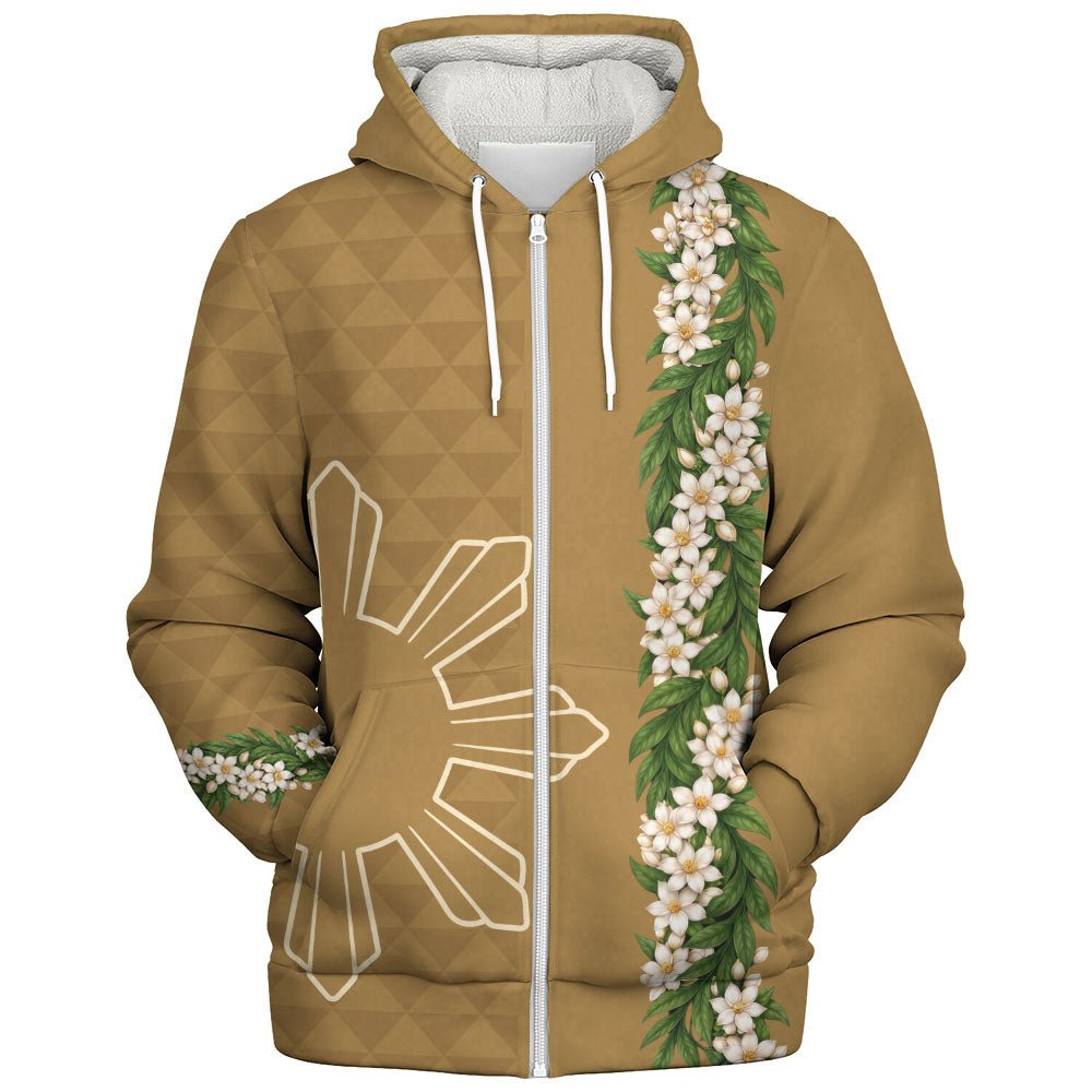 Philippines Filipinos Sherpa Hoodie Sampaguita Flower Sun Pattern Island Style