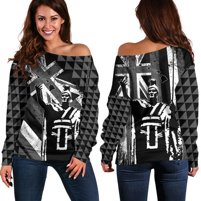 Hawaii Off Shoulder Sweatshirt King Kamehameha Flag Tribal Pride Black White