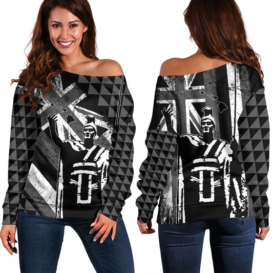 Hawaii Off Shoulder Sweatshirt King Kamehameha Flag Tribal Pride Black White