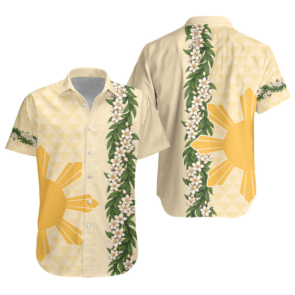 Philippines Filipinos Short Sleeve Shirt Sampaguita Flower Sun Pattern Island Style