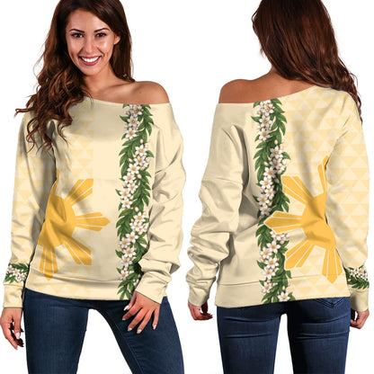 Philippines Filipinos Off Shoulder Sweatshirt Sampaguita Flower Sun Pattern Island Style
