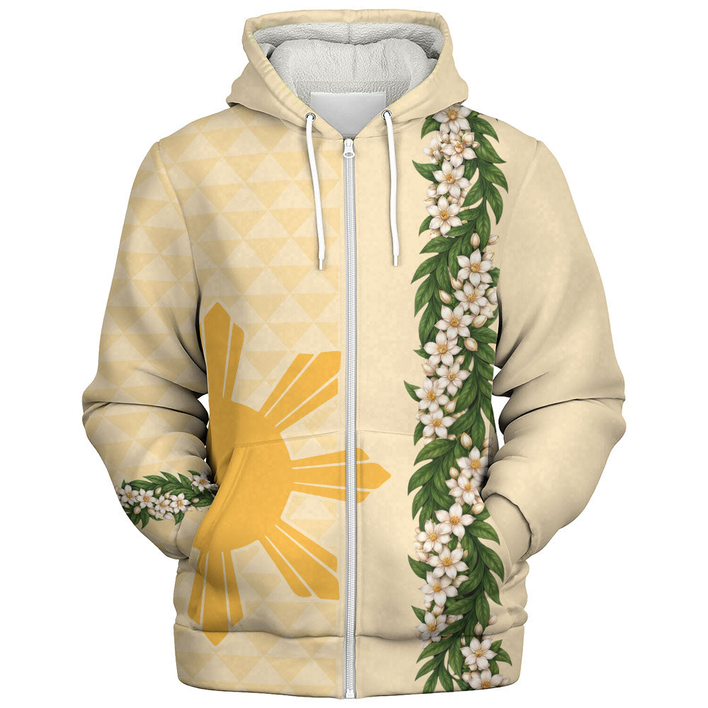 Philippines Filipinos Sherpa Hoodie Sampaguita Flower Sun Pattern Island Style