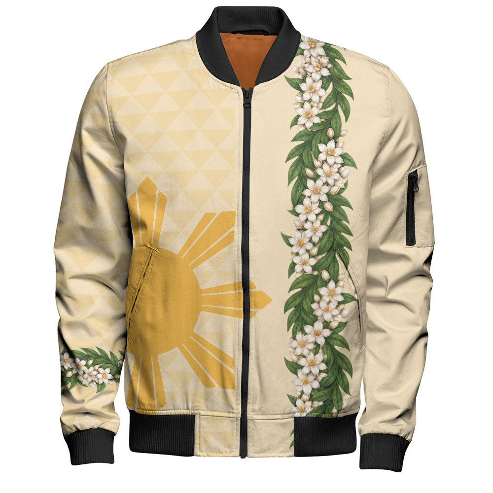 Philippines Filipinos Bomber Jacket Sampaguita Flower Sun Pattern Island Style