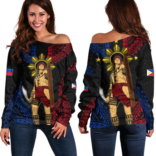 Philippines Filipinos Off Shoulder Sweatshirt Lapu Lapu Tattoo Batok Tribal Motifs Designs
