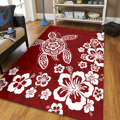 Hawaii Area Rug Tribal Hibiscus Flower Graphic Turtle Tatoo