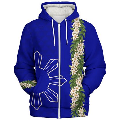 Philippines Filipinos Sherpa Hoodie Sampaguita Flower Sun Pattern Island Style