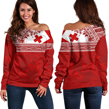 Tonga Off Shoulder Sweatshirt Flag Coat Of Arms Circle Ngatu Tribal