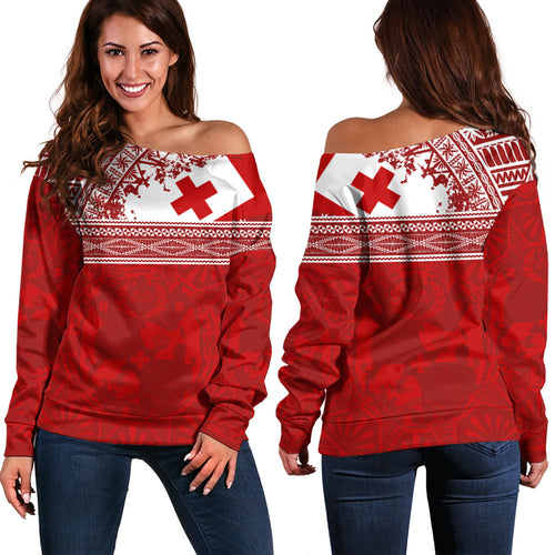 Tonga Off Shoulder Sweatshirt Flag Coat Of Arms Circle Ngatu Tribal