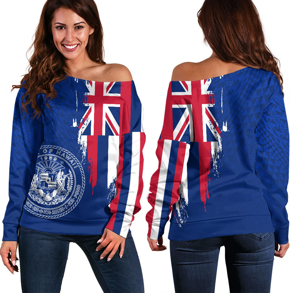 Hawaii Off Shoulder Sweatshirt Flag Polynesian Style Ocean Blue