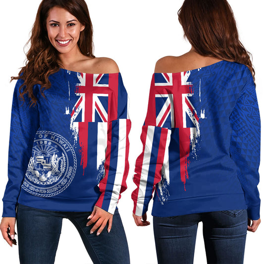 Hawaii Off Shoulder Sweatshirt Flag Polynesian Style Ocean Blue