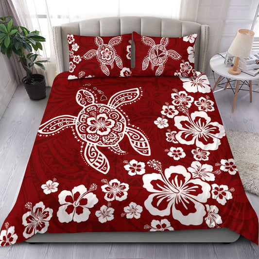 Hawaii Bedding Set Tribal Hibiscus Flower Graphic Turtle Tatoo
