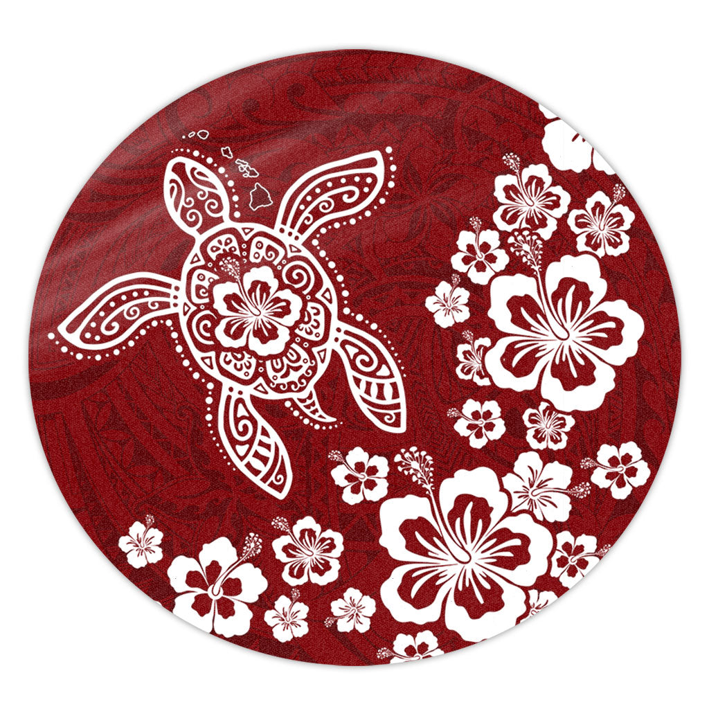 Hawaii Round Rug Tribal Hibiscus Flower Graphic Turtle Tatoo