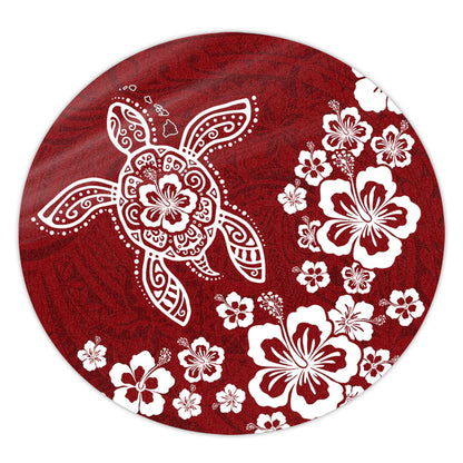 Hawaii Round Rug Tribal Hibiscus Flower Graphic Turtle Tatoo
