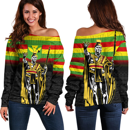 Hawaii Off Shoulder Sweatshirt King Kamehameha Flag Kanaka Maoli Tribal Tattoo