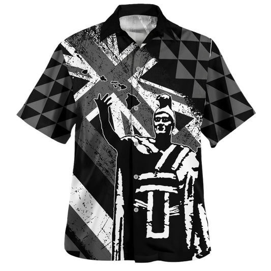 Hawaii Hawaiian Shirt King Kamehameha Flag Tribal Pride Black White