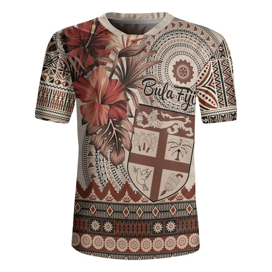 Fiji Rugby Jersey Bula Tribal Print Beige
