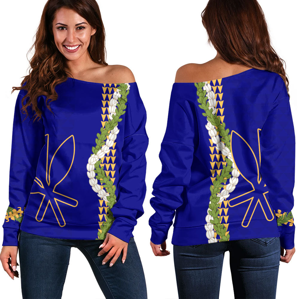 Hawaii Off Shoulder Sweatshirt Kanaka Maoli Puakenikeni Maile Flower Lei